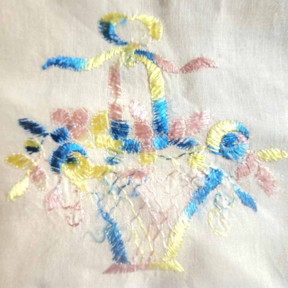 Vintage Handmade Linen Round Tablecloth Lace Ivory Floral Basket‎ Embroidery